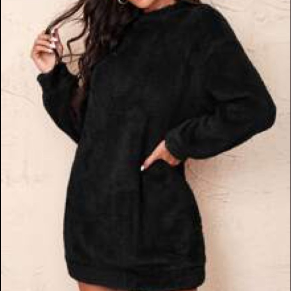 SHEIN Black Drop Shoulder Solid Teddy Dress, Size: M